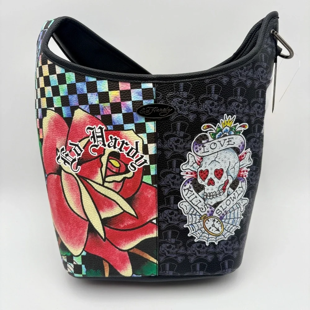 Ed Hardy Hobo Bag Rose Skull Tattoo‎ Checkered Print Shoulder Bag Purse Y2K